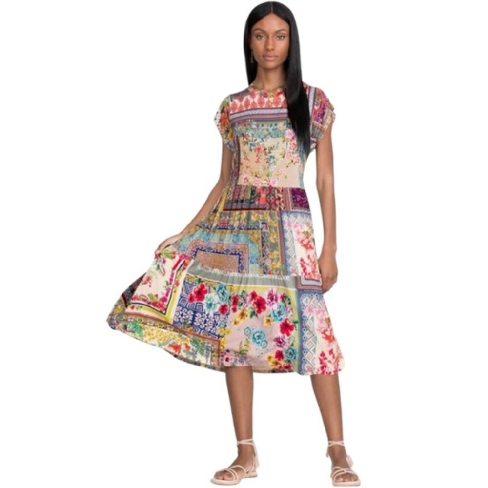 Johnny Was Anika Ultra-Soft Bamboo Crew Neck Cap Sleeve Tea Length Floral Dress